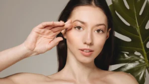 A woman with long dark hair touches her face gently with one hand, looking at the camera. She stands next to a large green monstera leaf against a neutral background.