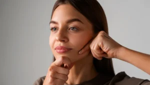 A young woman with straight brown hair is gently pressing her cheeks with her fists while looking slightly to the side, performing a facial exercise against a plain light background.