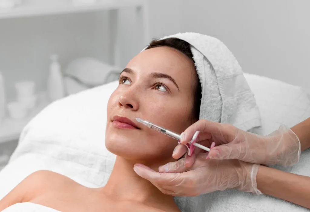 A woman lies on a treatment table with a towel wrapped around her hair while a professional wearing gloves injects a syringe into her facial skin near the lips in a clinical setting.