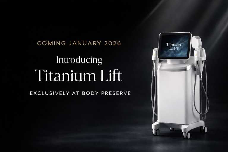 A sleek, modern medical device with a touchscreen and attached handpieces is displayed under spotlights. Text reads: Coming January 2026. Introducing Titanium Lift with XERF Skin Tightening. Exclusively at Body Preserve Scottsdale.