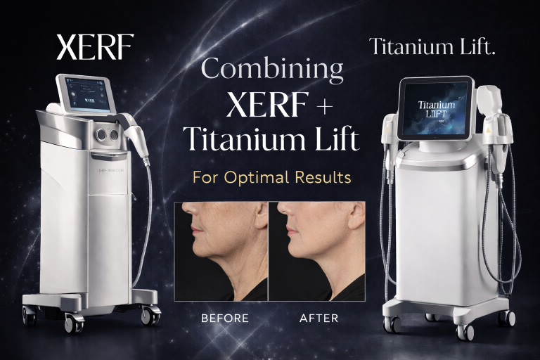 Two aesthetic treatment devices labeled XERF and Titanium Lift. Text reads Combining XERF Skin Tightening + Titanium Lift For Optimal Results in Scottsdale. Before-and-after photos show a woman's jawline improvement after treatment.