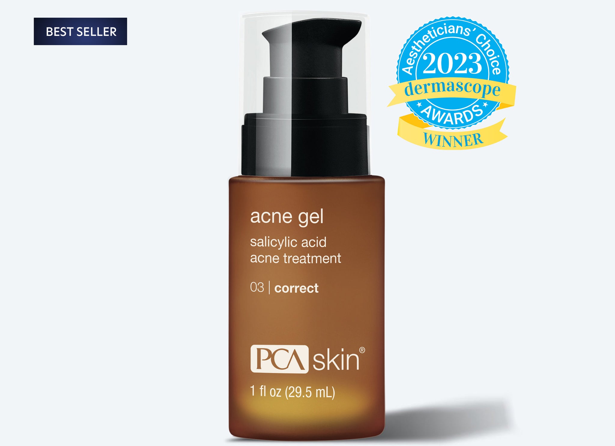 A Detoxifying Mask is shown next to a blue and yellow “2023 Dermascope Aestheticians Choice Awards Winner” badge and a “Best Seller” label, highlighting it as a top skincare essential.
