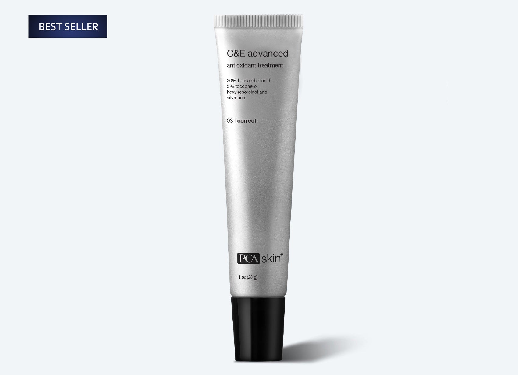 A silver tube of antioxidant treatment stands upright beside a Detoxifying Mask against a light gray background, with a "BEST SELLER" label in the upper left corner.