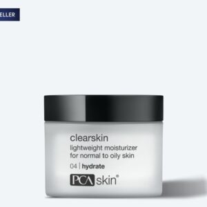 A blue Best Seller label tops a jar of PCA Skin Clearskin lightweight moisturizer for normal to oily skin, with a black lid and minimal white label, shown on light gray—perfect to pair with your favorite Detoxifying Mask.
