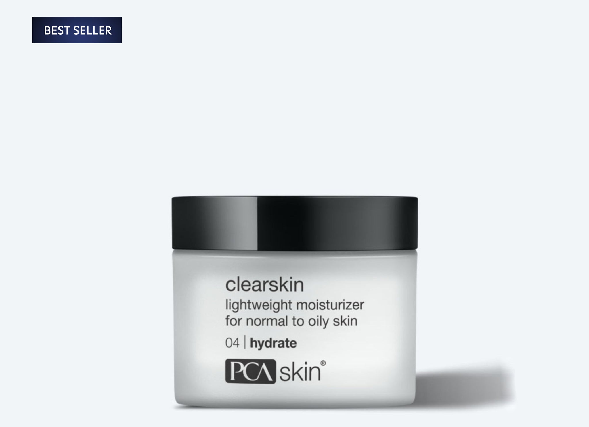 A blue Best Seller label tops a jar of PCA Skin Clearskin lightweight moisturizer for normal to oily skin, with a black lid and minimal white label, shown on light gray—perfect to pair with your favorite Detoxifying Mask.