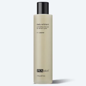 A tall, cylindrical bottle of cleanser with a black cap and beige label—PCA Skin Daily Exfoliant—pairs perfectly with the Detoxifying Mask for a refreshed skincare routine.