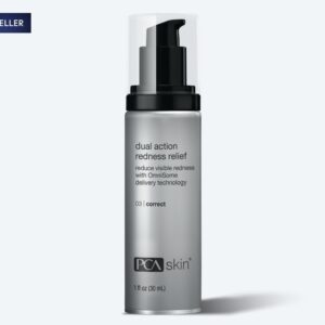 A silver bottle of PCA Skin Dual Action Redness Relief with a black pump and Best Seller label is shown on a light gray background, ideal for use alongside the Detoxifying Mask.