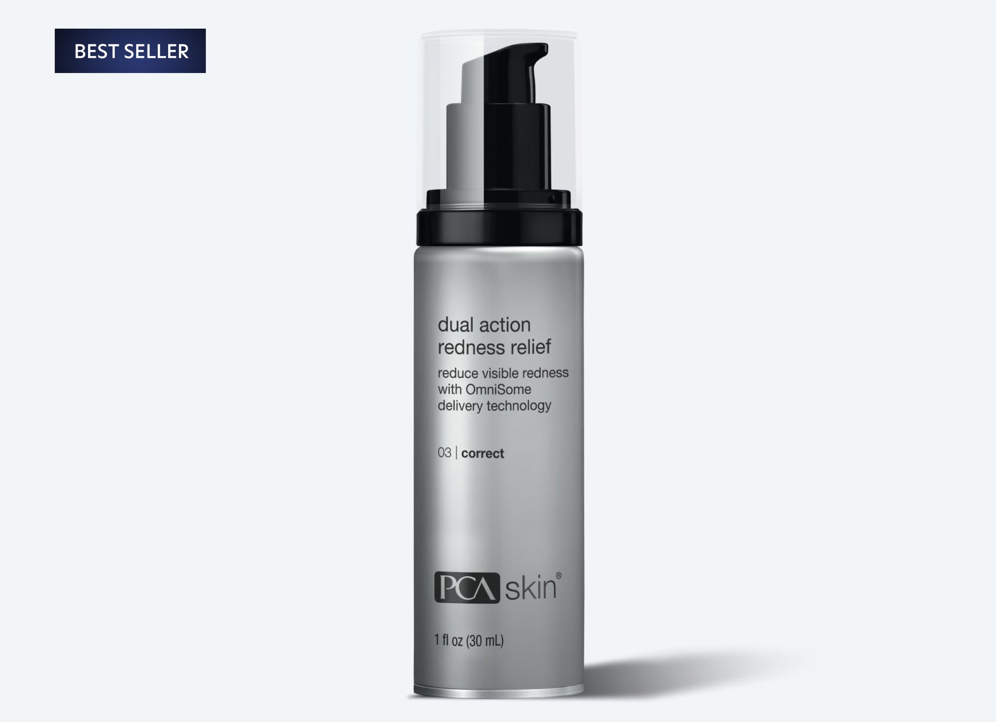 A silver bottle of PCA Skin Dual Action Redness Relief with a black pump and Best Seller label is shown on a light gray background, ideal for use alongside the Detoxifying Mask.