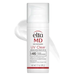 A bottle of EltaMD UV Clear Broad Spectrum SPF 46 Face Sunscreen with a white pump and clear cap. The label highlights niacinamide, zinc oxide finish, and suitability for acne- and rosacea-prone skin.