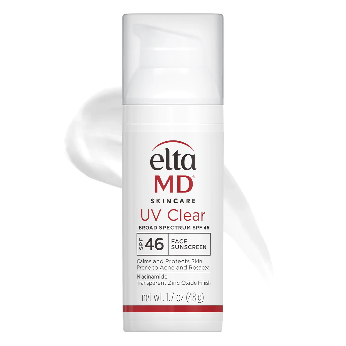 A bottle of EltaMD UV Clear Broad Spectrum SPF 46 Face Sunscreen with a white pump and clear cap. The label highlights niacinamide, zinc oxide finish, and suitability for acne- and rosacea-prone skin.