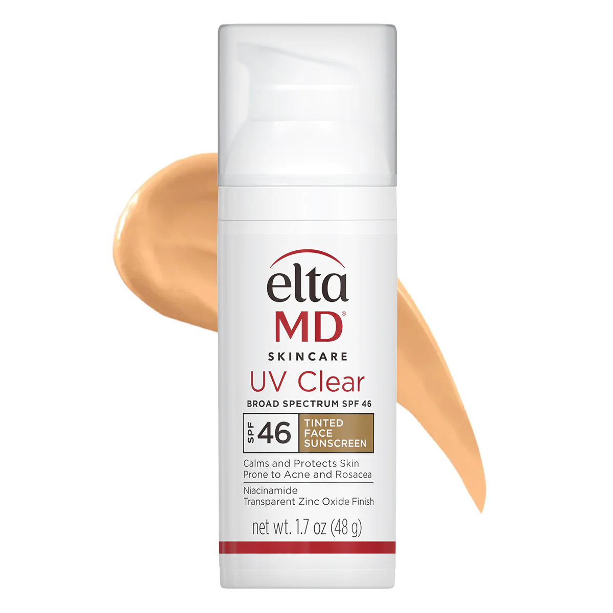 A bottle of EltaMD UV Clear Broad Spectrum SPF 46 Tinted Face Sunscreen stands in front of a tan-colored smear of the product. The label highlights protection for acne and rosacea-prone skin.