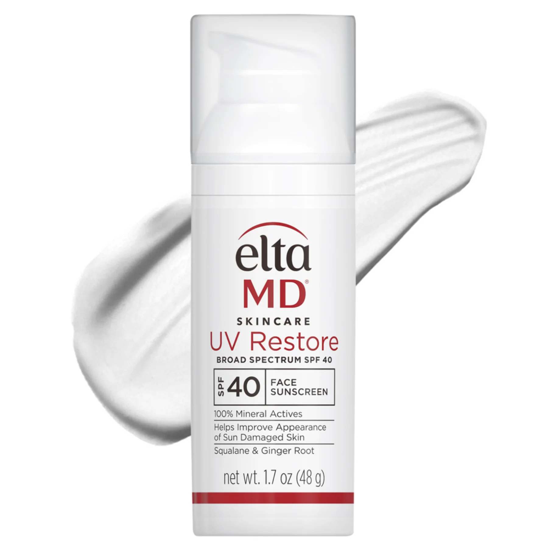 A bottle of EltaMD Skincare UV Restore Broad Spectrum SPF 40 Face Sunscreen, 1.7 oz, is shown in front of a smear of white sunscreen cream. The label highlights squalane and ginger root for skin improvement.