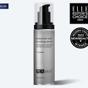 A silver bottle of PCA Skin Hyaluronic Acid Boosting Serum stands upright, displayed with Best Seller, Elle Editors Choice 2024, and 2023 NewBeauty Winner badges—perfectly paired with Detoxifying Mask for radiant skin.