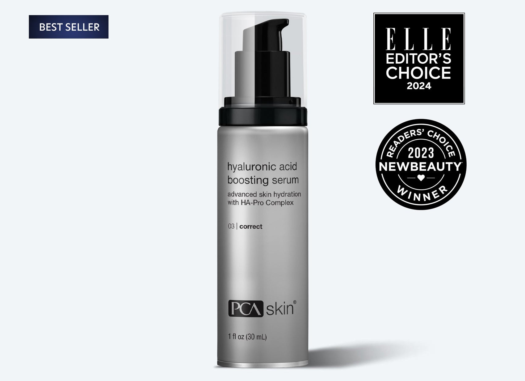 A silver bottle of PCA Skin Hyaluronic Acid Boosting Serum stands upright, displayed with Best Seller, Elle Editors Choice 2024, and 2023 NewBeauty Winner badges—perfectly paired with Detoxifying Mask for radiant skin.