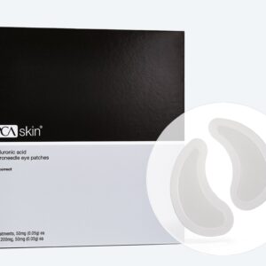 A black and white box labeled Detoxifying Mask sits beside an enlarged image of two crescent-shaped eye patches, evoking the clarity of a detoxifying treatment, displayed inside a white circle on the right.