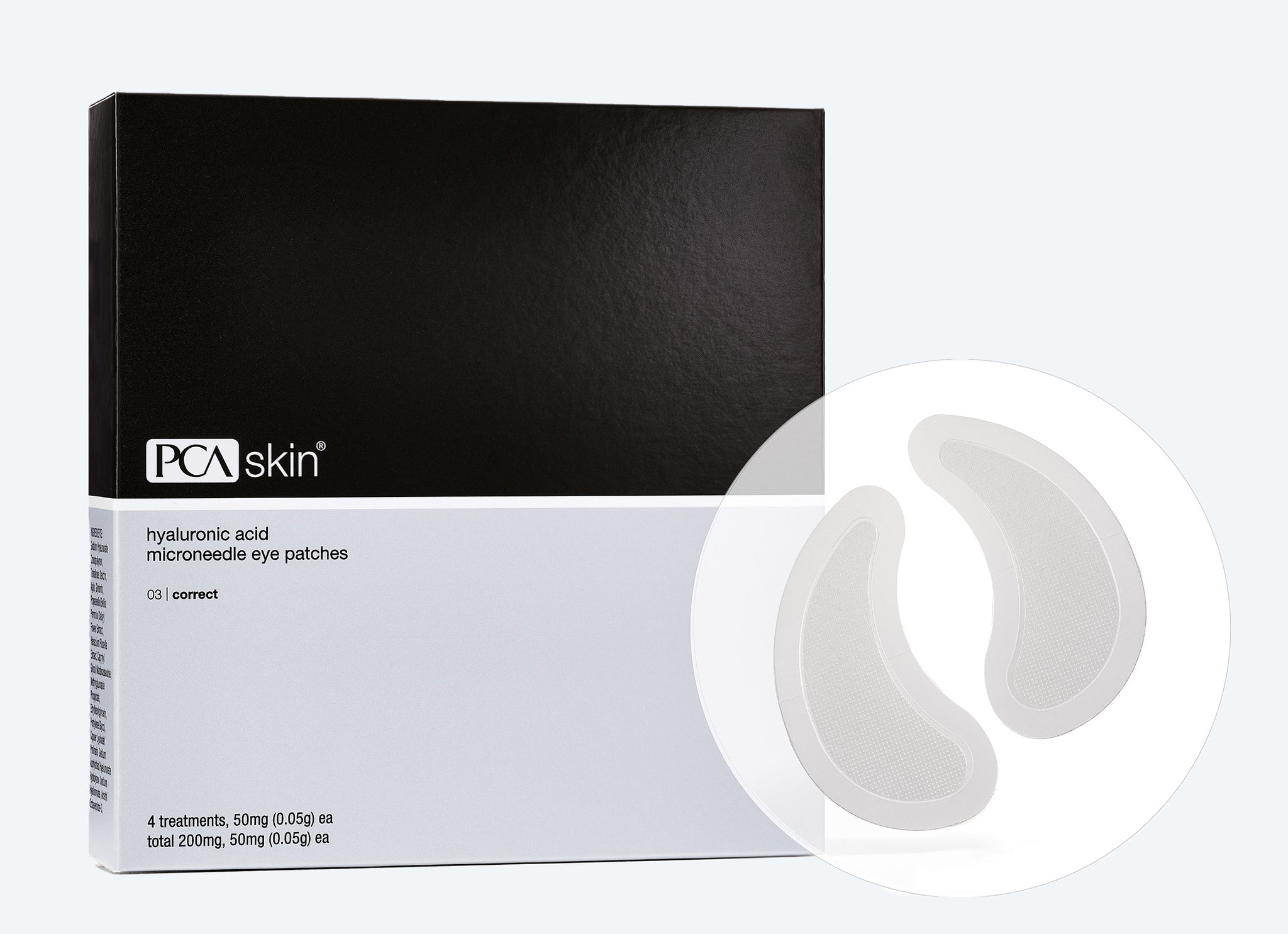 A black and white box labeled Detoxifying Mask sits beside an enlarged image of two crescent-shaped eye patches, evoking the clarity of a detoxifying treatment, displayed inside a white circle on the right.