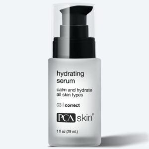 A frosted bottle of PCA Skin Hydrating Serum (1 fl oz, 03 Correct) with a black pump dispenser. Pair it with the Detoxifying Mask to calm and hydrate all skin types. Label reads: hydrating serum, 03 correct, PCA Skin, 1 fl oz (29 ml).