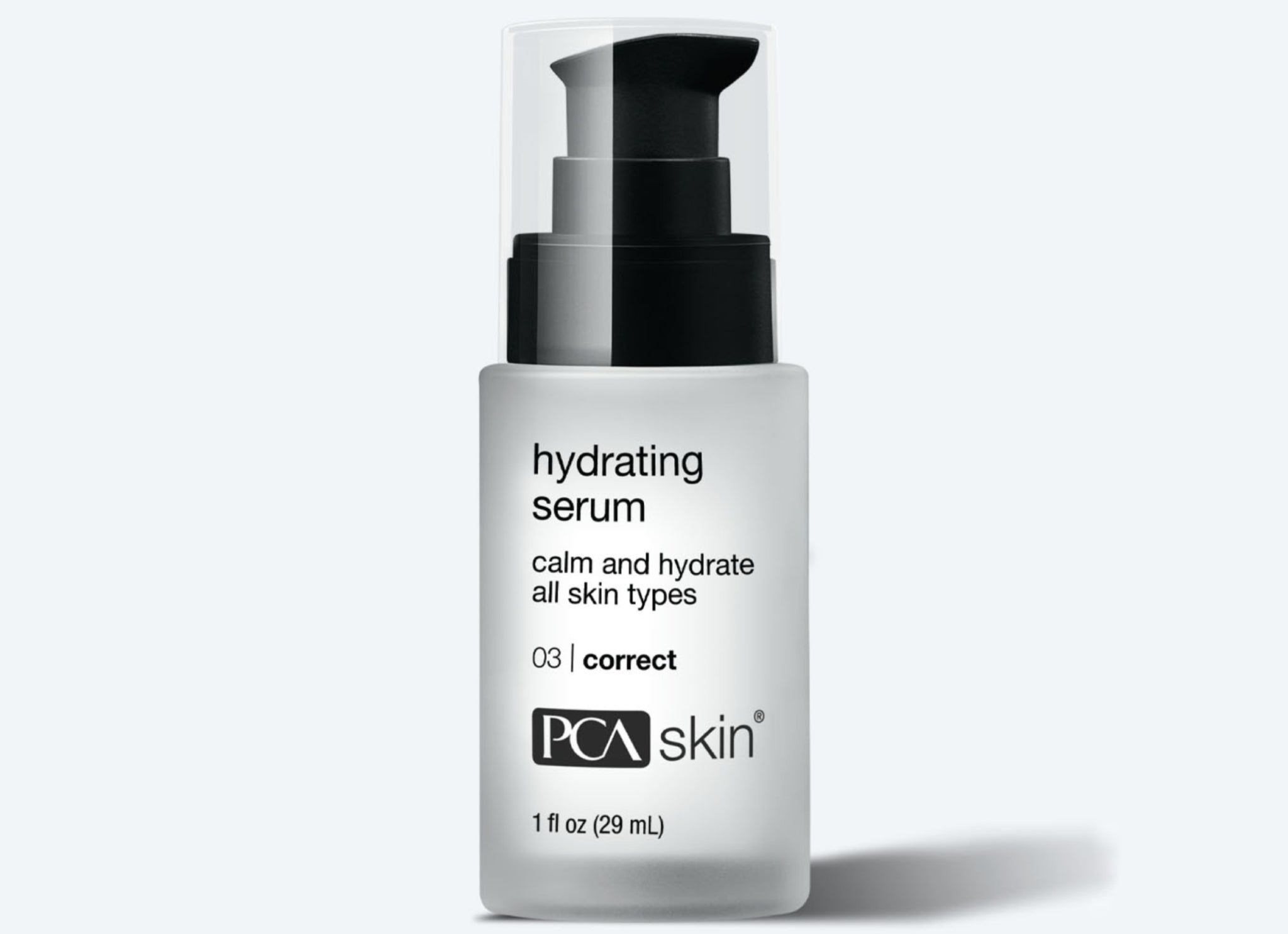 A frosted bottle of PCA Skin Hydrating Serum (1 fl oz, 03 Correct) with a black pump dispenser. Pair it with the Detoxifying Mask to calm and hydrate all skin types. Label reads: hydrating serum, 03 correct, PCA Skin, 1 fl oz (29 ml).
