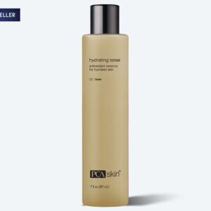 A beige bottle of PCA Skin Hydrating Toner with a black cap stands upright on a light background. A Best Seller tag appears in the upper left corner, next to the Detoxifying Mask from the same collection.