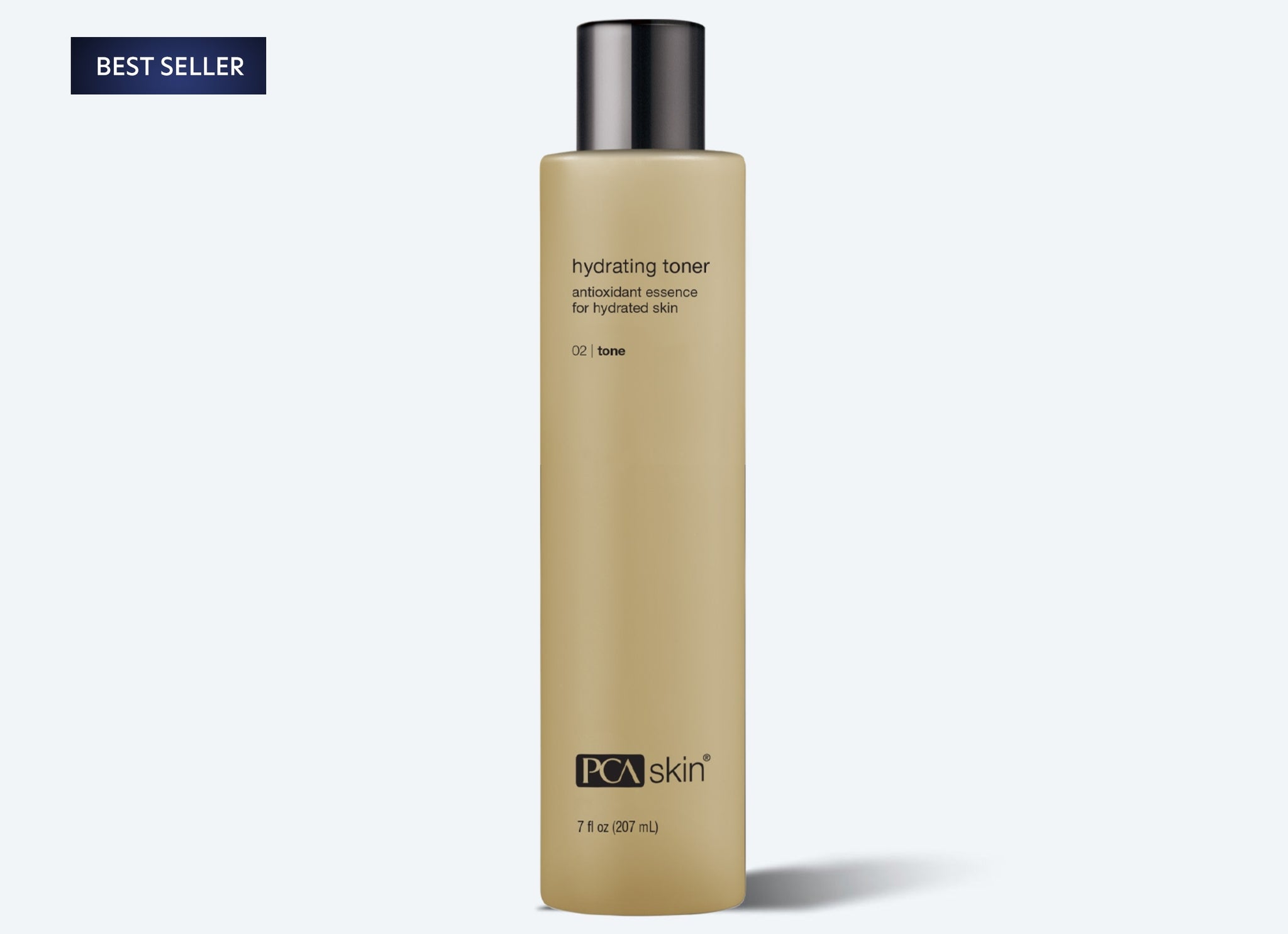 A beige bottle of PCA Skin Hydrating Toner with a black cap stands upright on a light background. A Best Seller tag appears in the upper left corner, next to the Detoxifying Mask from the same collection.