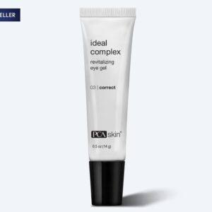 A 0.5 oz (14 g) tube of PCA Skin Ideal Complex Revitalizing Eye Gel with a black cap, white body, and black text—labeled as a best seller. Pair it with Detoxifying Mask for refreshed eyes.