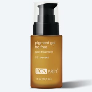 A brown bottle of PCA Skin Pigment Gel HQ Free spot treatment with a black pump and clear cap, labeled in white and yellow, is ideal for use before your favorite Detoxifying Mask routine.