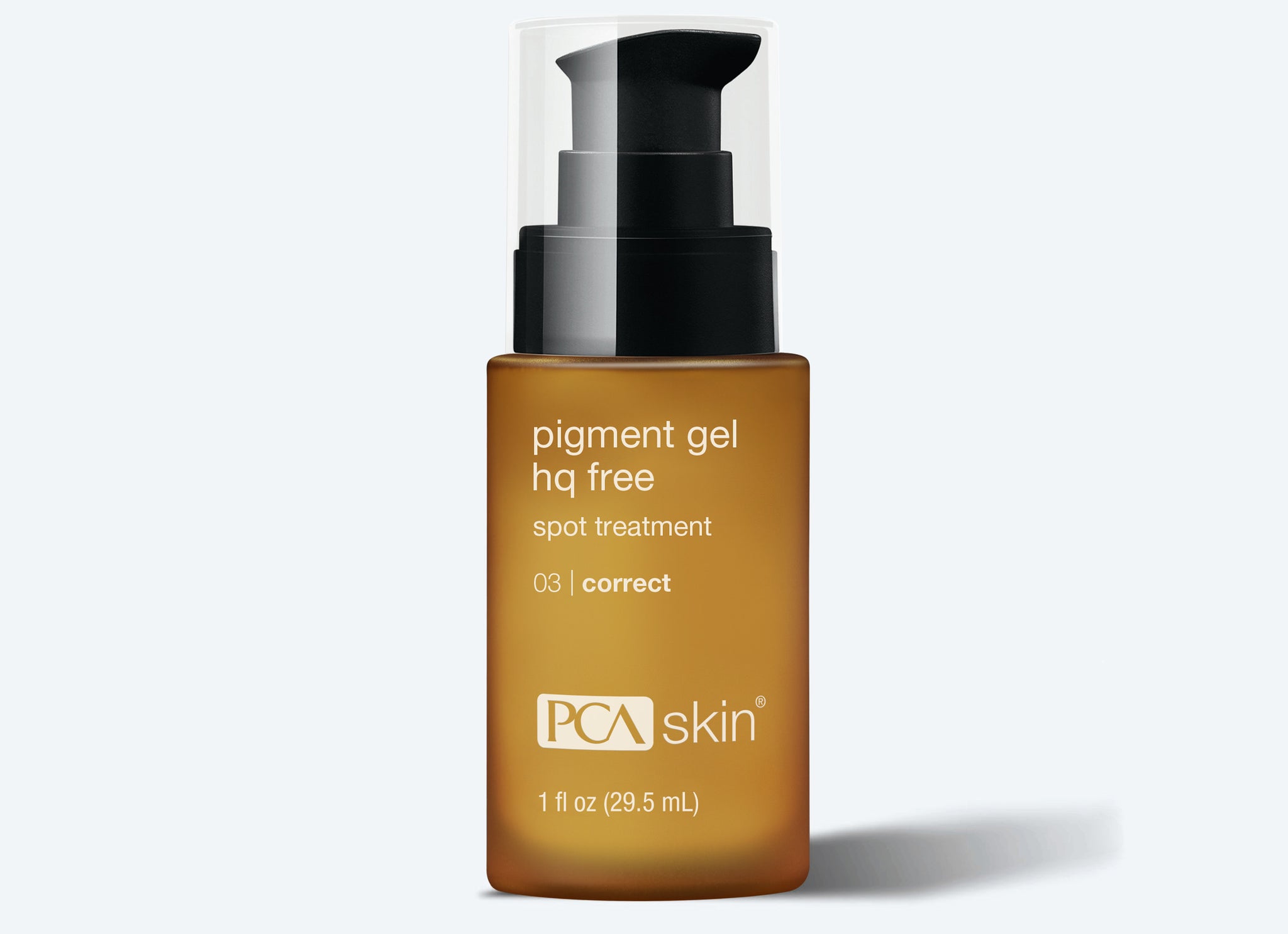 A brown bottle of PCA Skin Pigment Gel HQ Free spot treatment with a black pump and clear cap, labeled in white and yellow, is ideal for use before your favorite Detoxifying Mask routine.