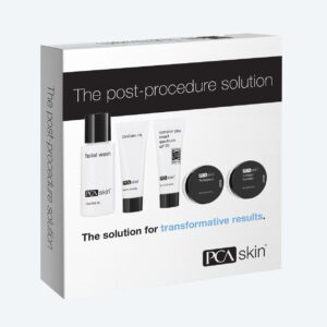 A box labeled “The post-procedure solution” by PCA Skin includes essentials like the Detoxifying Mask, facial wash, CliniCalm 1%, hydrator plus broad spectrum SPF 30, and two small jars.