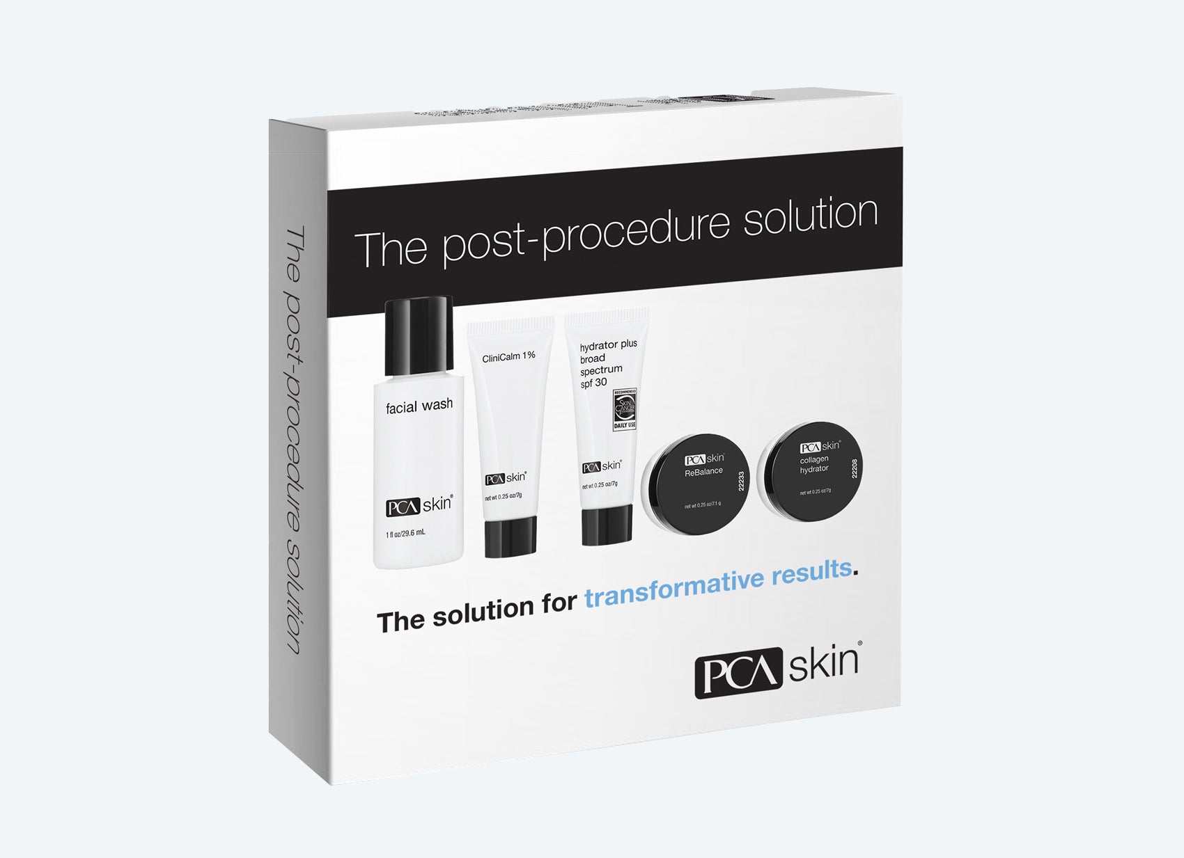 A box labeled “The post-procedure solution” by PCA Skin includes essentials like the Detoxifying Mask, facial wash, CliniCalm 1%, hydrator plus broad spectrum SPF 30, and two small jars.
