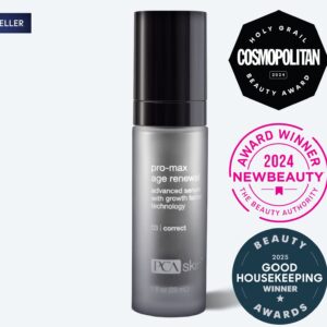 A Detoxifying Mask is shown beside a sleek silver bottle of PCA Skin Pro-Max Age Renewal Serum, which is surrounded by Cosmopolitan, NewBeauty 2024, and Good Housekeeping 2025 award badges. A Best Seller label appears in the top left corner.