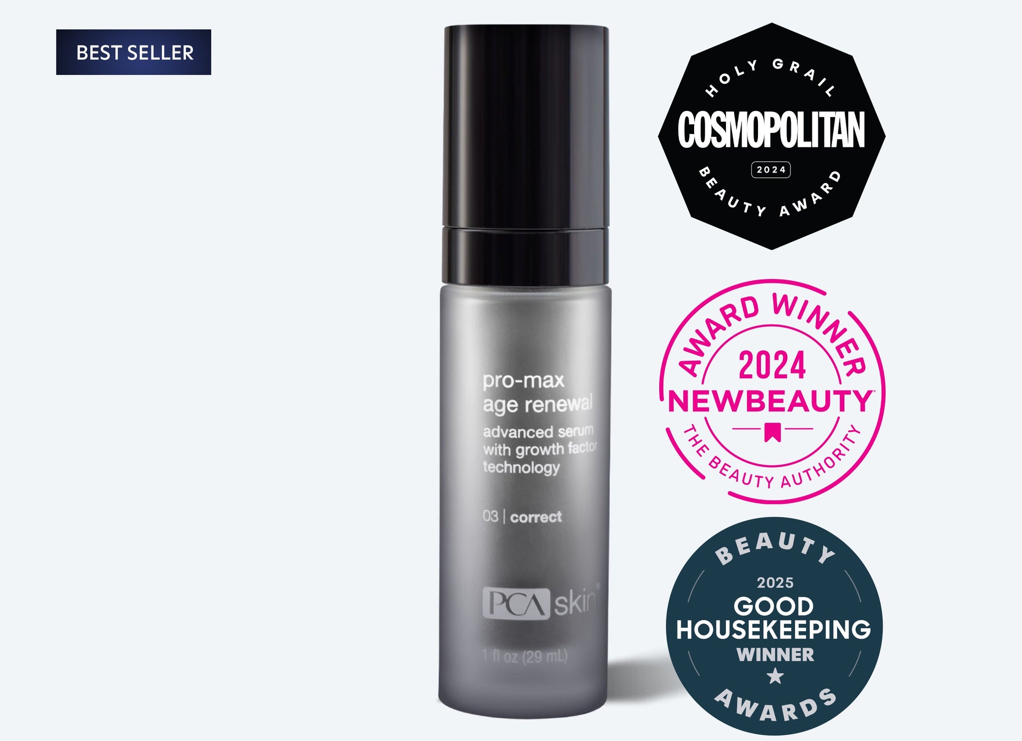 A Detoxifying Mask is shown beside a sleek silver bottle of PCA Skin Pro-Max Age Renewal Serum, which is surrounded by Cosmopolitan, NewBeauty 2024, and Good Housekeeping 2025 award badges. A Best Seller label appears in the top left corner.