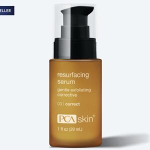 A Best Seller tag appears on a brown 1 fl oz PCA Skin resurfacing serum with a black pump, labeled as a gentle exfoliating corrective product, displayed next to the Detoxifying Mask for radiant skin.
