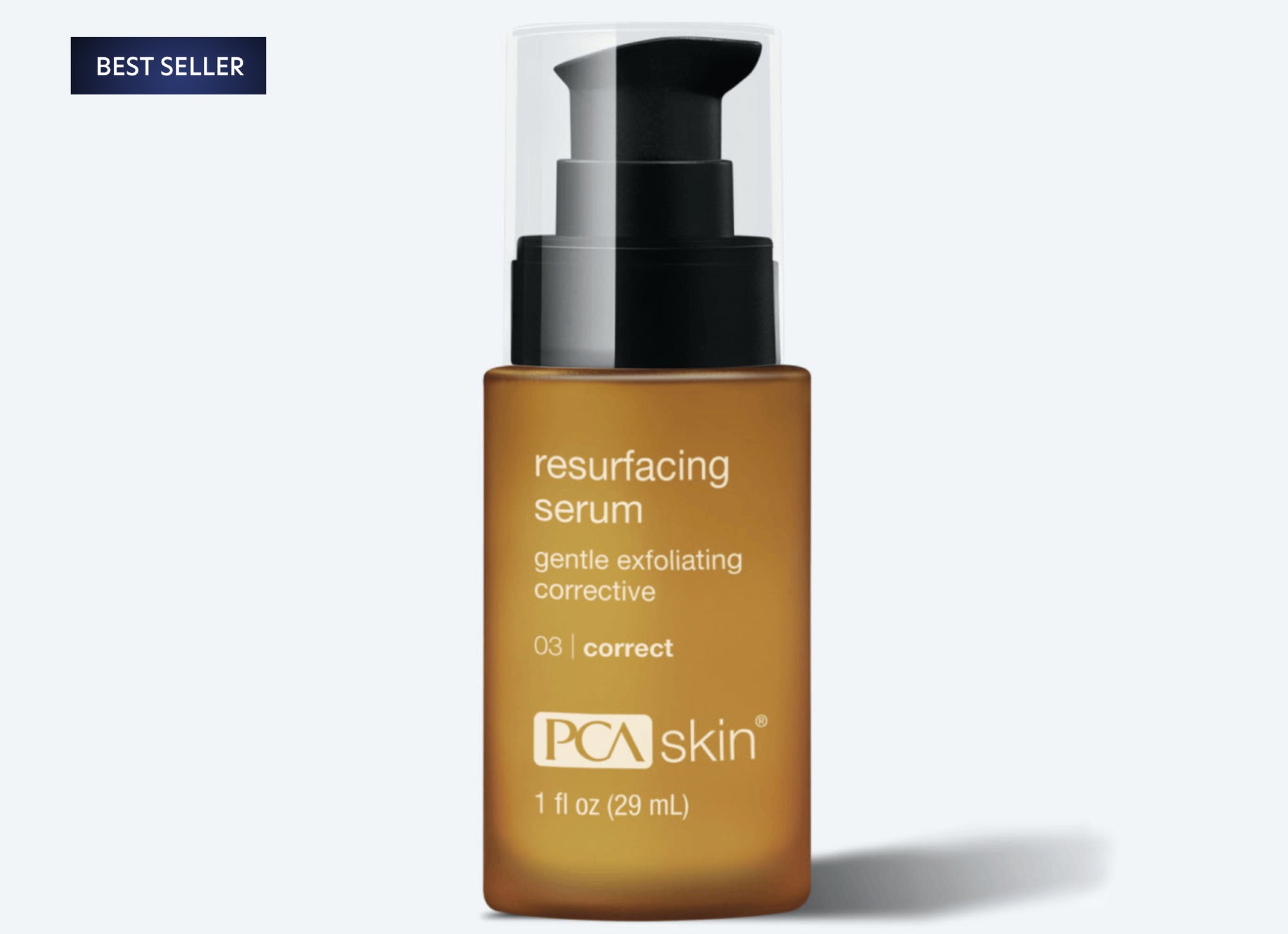 A Best Seller tag appears on a brown 1 fl oz PCA Skin resurfacing serum with a black pump, labeled as a gentle exfoliating corrective product, displayed next to the Detoxifying Mask for radiant skin.