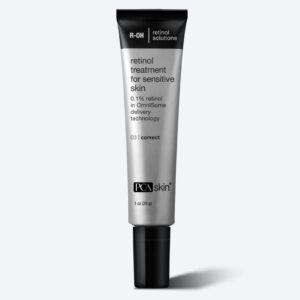 A silver and black tube labeled PCA Skin retinol treatment for sensitive skin (0.1% retinol, OmniSome technology) stands upright against a light gray background—an ideal complement to the Detoxifying Mask.