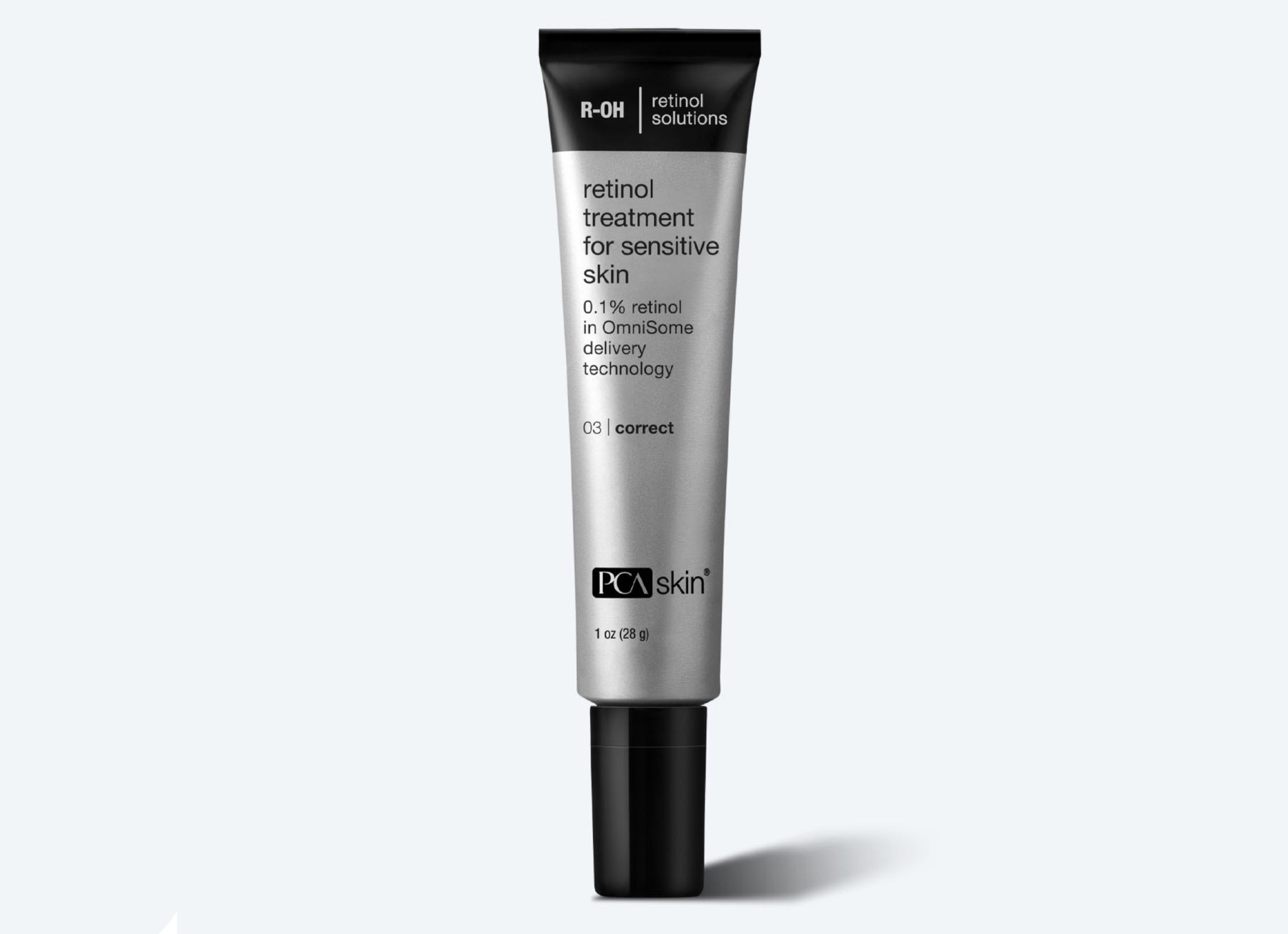 A silver and black tube labeled PCA Skin retinol treatment for sensitive skin (0.1% retinol, OmniSome technology) stands upright against a light gray background—an ideal complement to the Detoxifying Mask.