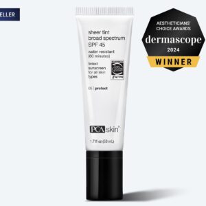 A tube of PCA Skin Sheer Tint Broad Spectrum SPF 45 sunscreen, a best seller and winner of the 2024 Dermascope Aestheticians Choice Awards, sits next to the Detoxifying Mask against a light background.