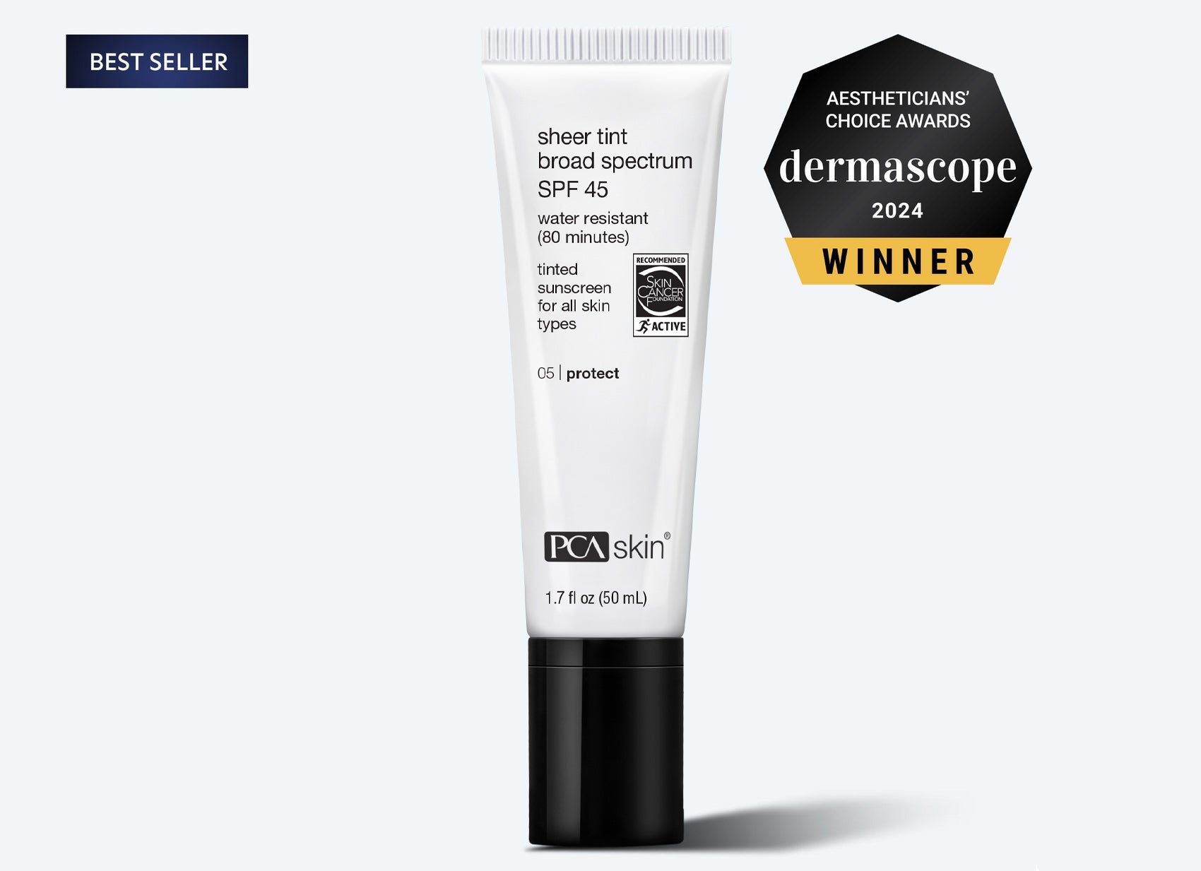 A tube of PCA Skin Sheer Tint Broad Spectrum SPF 45 sunscreen, a best seller and winner of the 2024 Dermascope Aestheticians Choice Awards, sits next to the Detoxifying Mask against a light background.