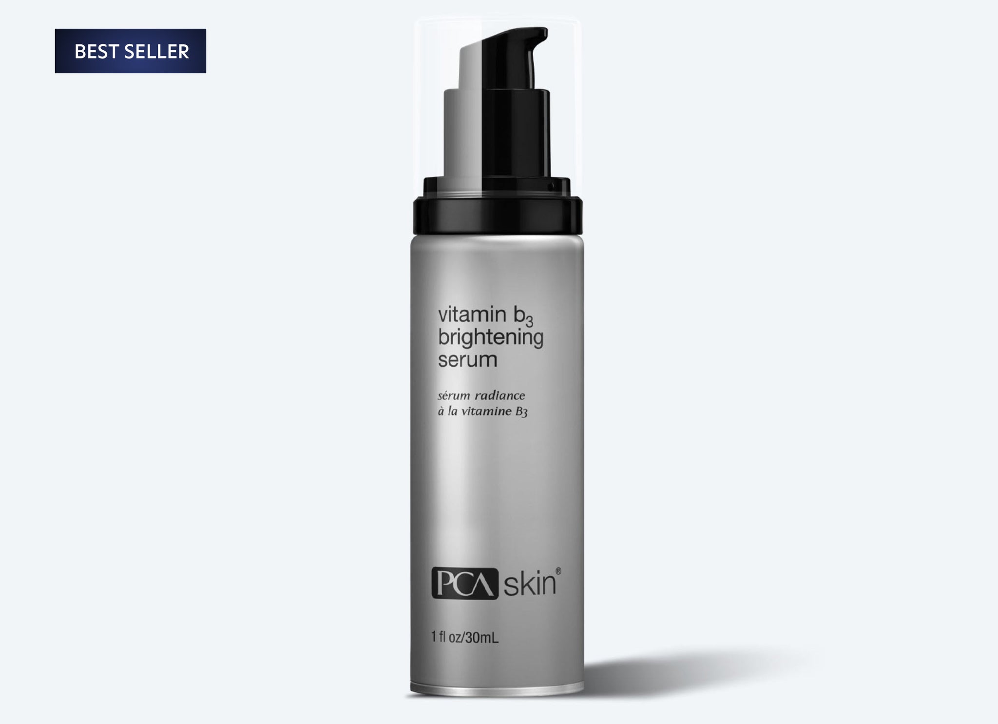 A silver pump bottle labeled PCA Skin Vitamin B3 Brightening Serum stands upright on a light gray background, with a Best Seller tag in the top left corner—an ideal companion to the Detoxifying Mask for a radiant complexion.