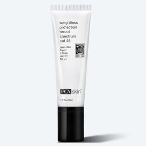 A tube of PCA Skin Weightless Protection Broad Spectrum SPF 45 sunscreen stands upright against a light gray background—ideal to use with Detoxifying Mask for complete skin care.