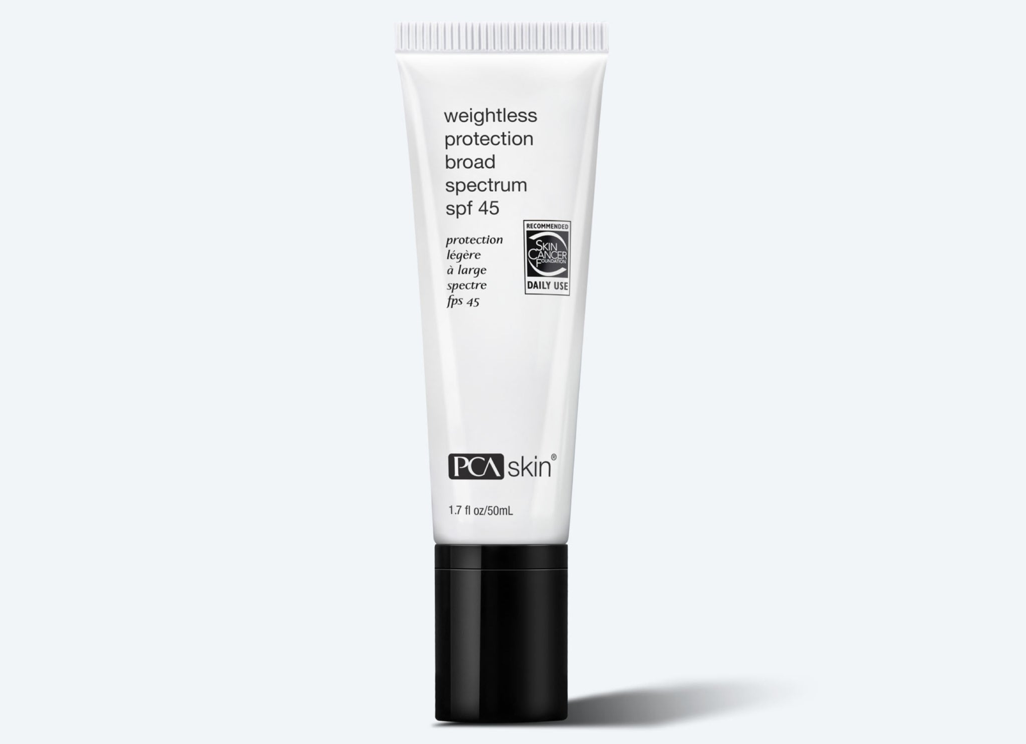 A tube of PCA Skin Weightless Protection Broad Spectrum SPF 45 sunscreen stands upright against a light gray background—ideal to use with Detoxifying Mask for complete skin care.