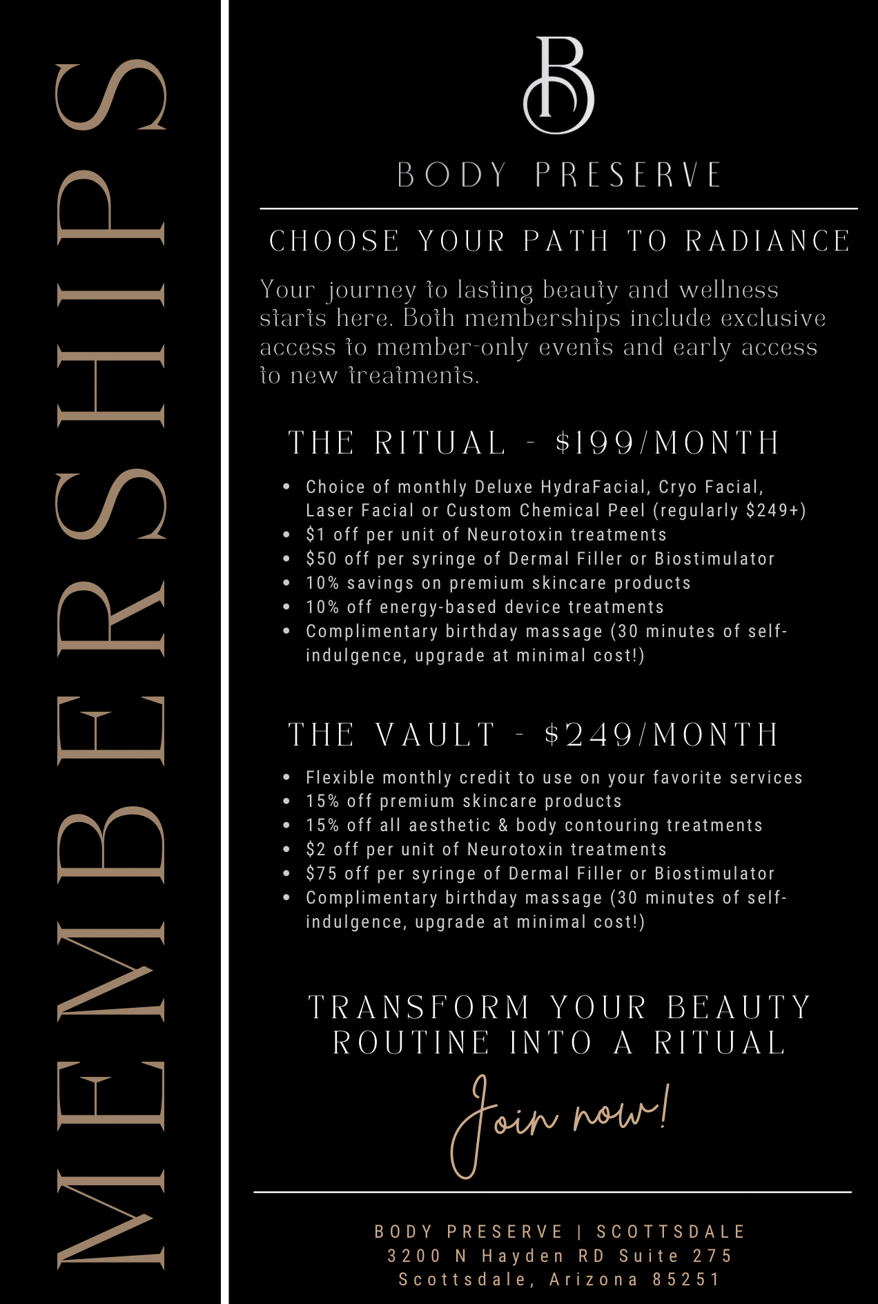 A black and beige flyer for Body Preserve memberships lists The Ritual at $199/month and The Vault at $249/month, with details of included beauty treatments and member perks. Contact info and a call to join are at the bottom.